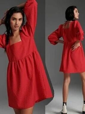 Anthropologie Amadi Mini Dress Esther Puff Sleeves Red Jacquard Womens Small